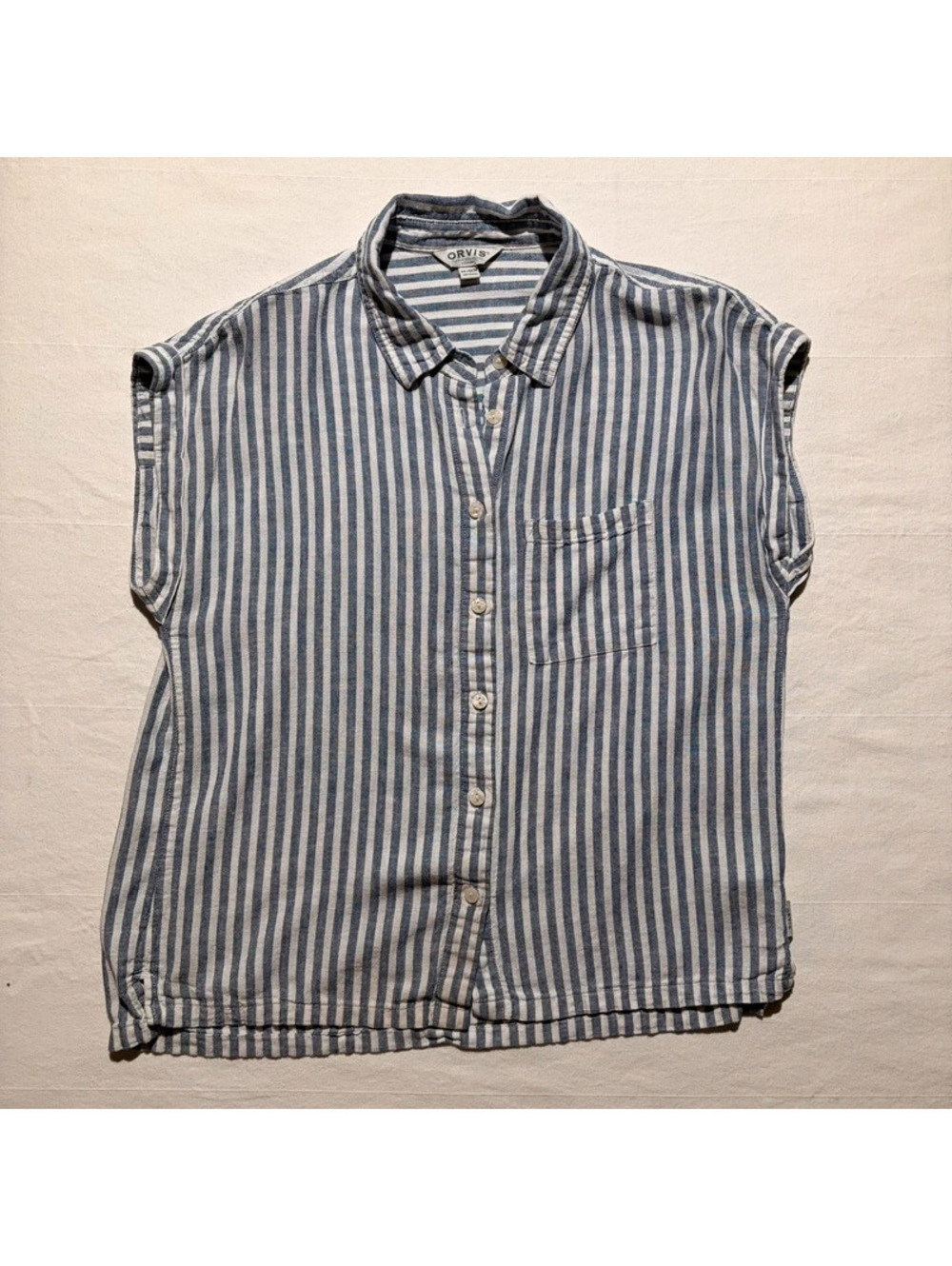 Orvis Linen Blend Sleeveless Shirt Womens XS Blue Stripe Coastal